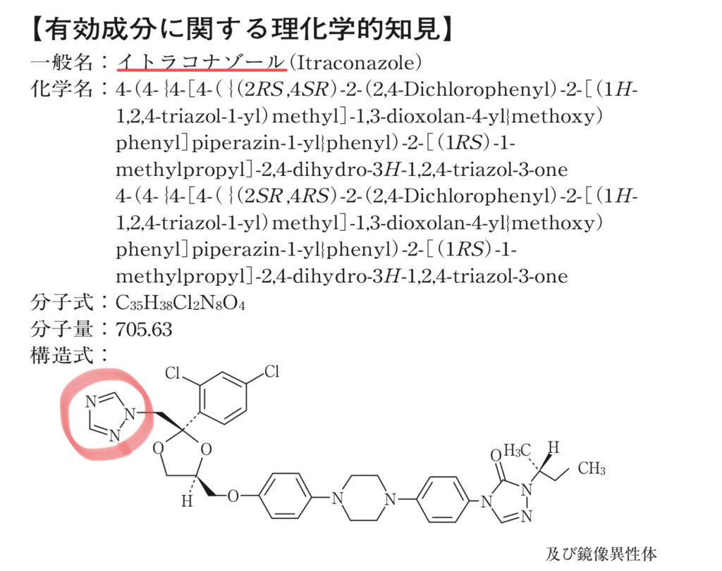 イトラコナゾールの化学構造式とCYP阻害