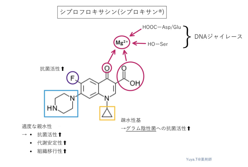 ニューキノロン系抗菌薬のシプロフロキサシンの化学構造式