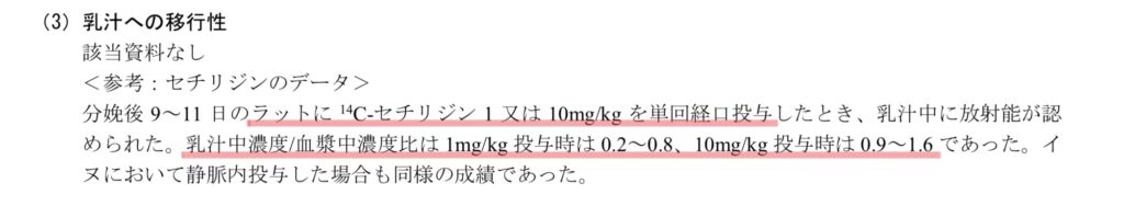 レボセチリジンの乳汁移行性、インタビューフォーム