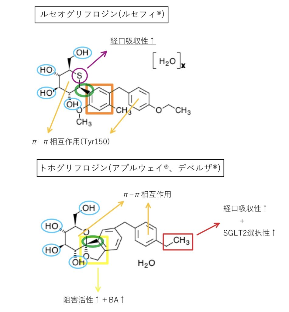 ルセオグリフロジン(ルセフィ®︎)とトホグリフロジン(アプルウェイ®︎、デベルザ®︎)の化学構造式