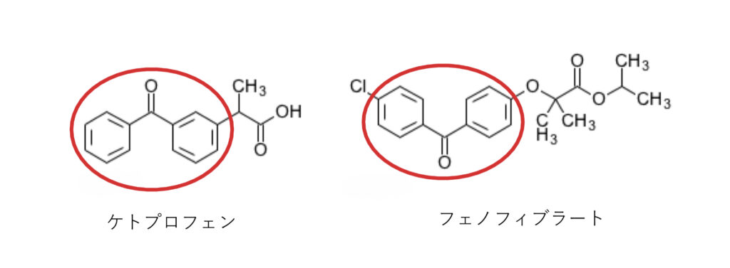 光線過敏症、ケトプロフェンとフェノフィブラートの化学構造式