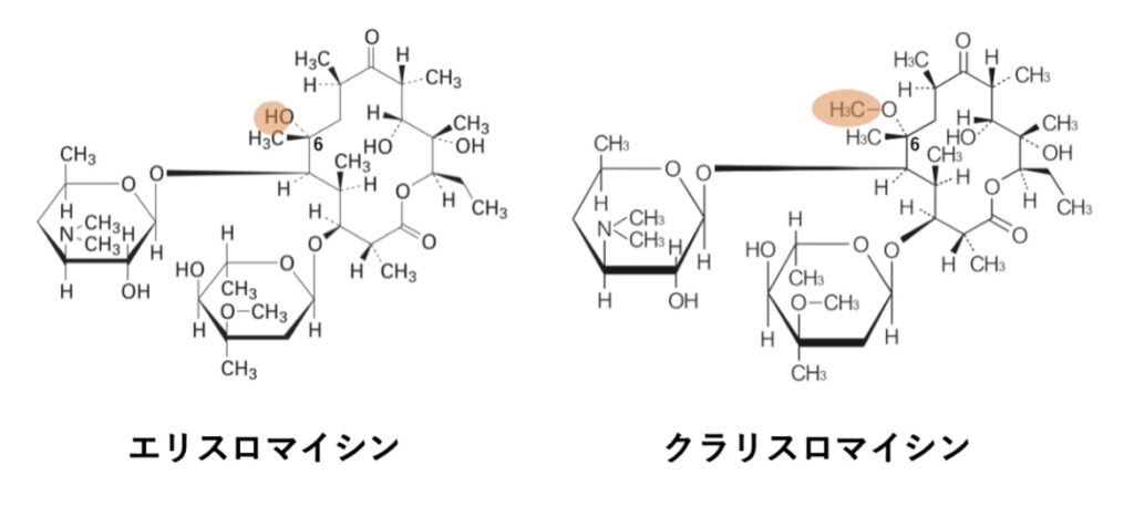 エリスロマイシン、クラリスロマイシンの構造式