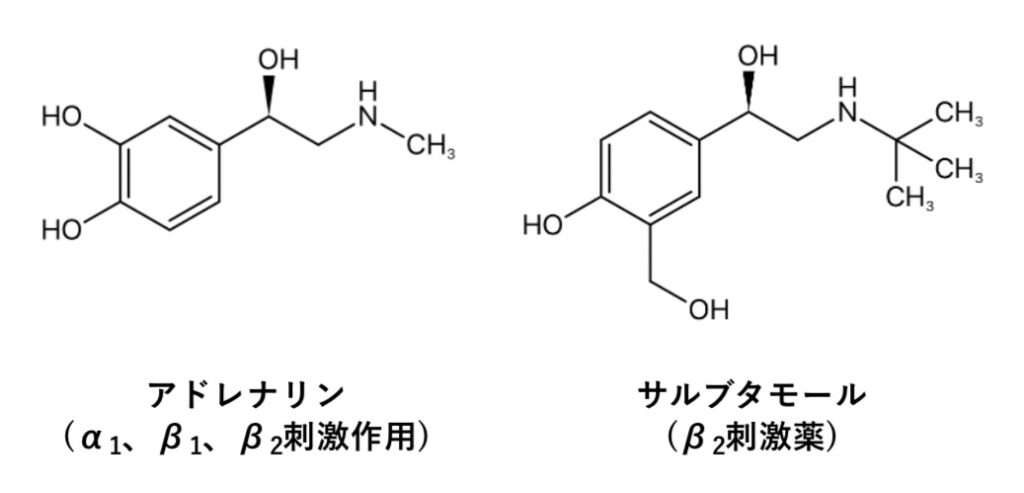 アドレナリン、サルブタモールの化学構造