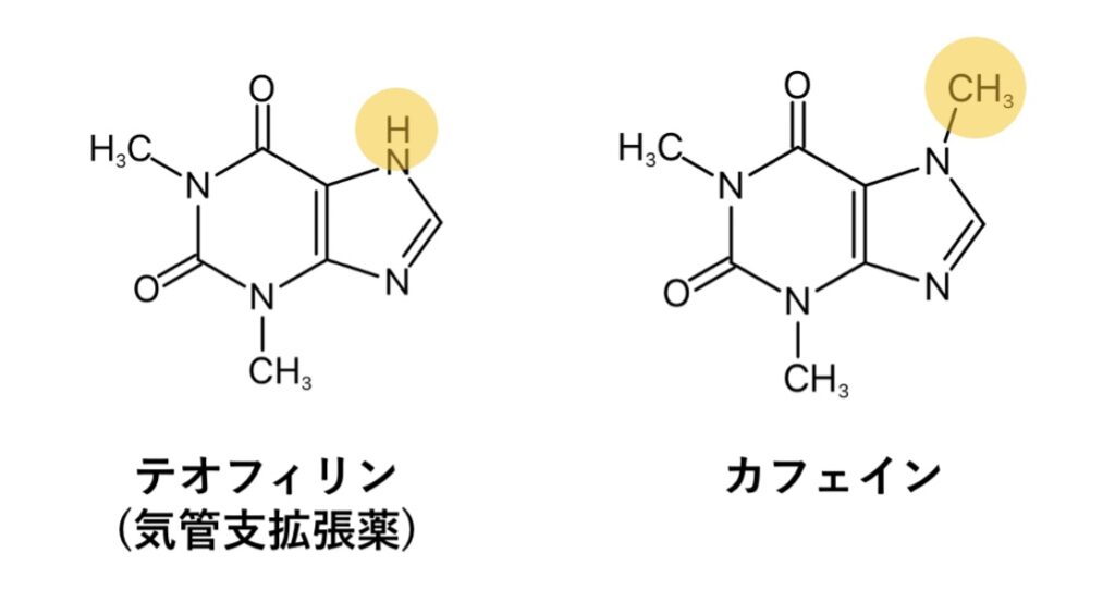 テオフィリン、カフェインの化学構造