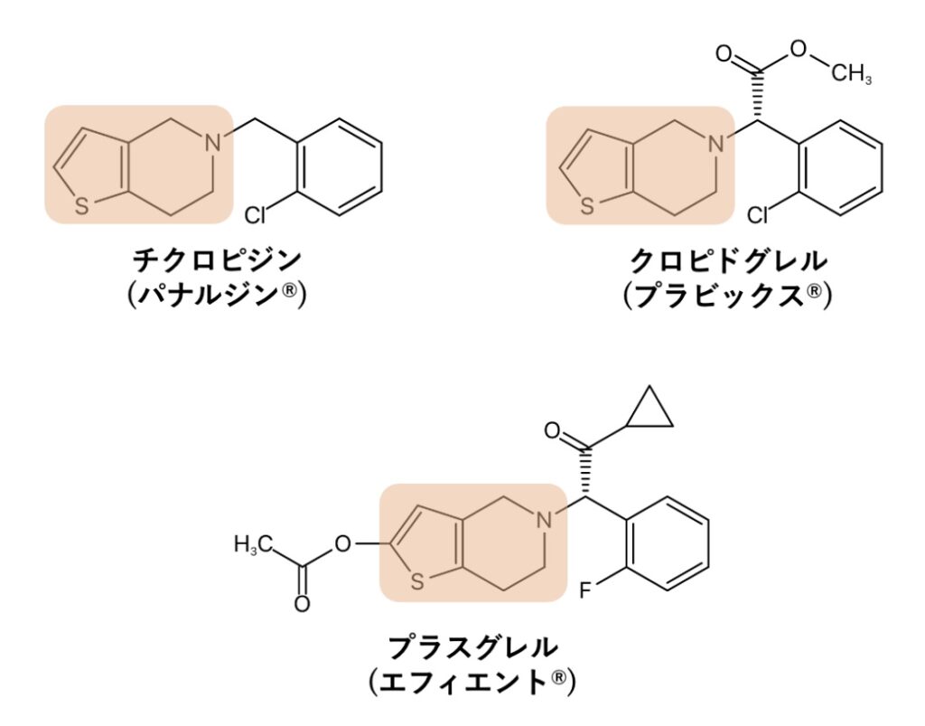 チクロピジン、クロピドグレル、プラスグレルの化学構造式
