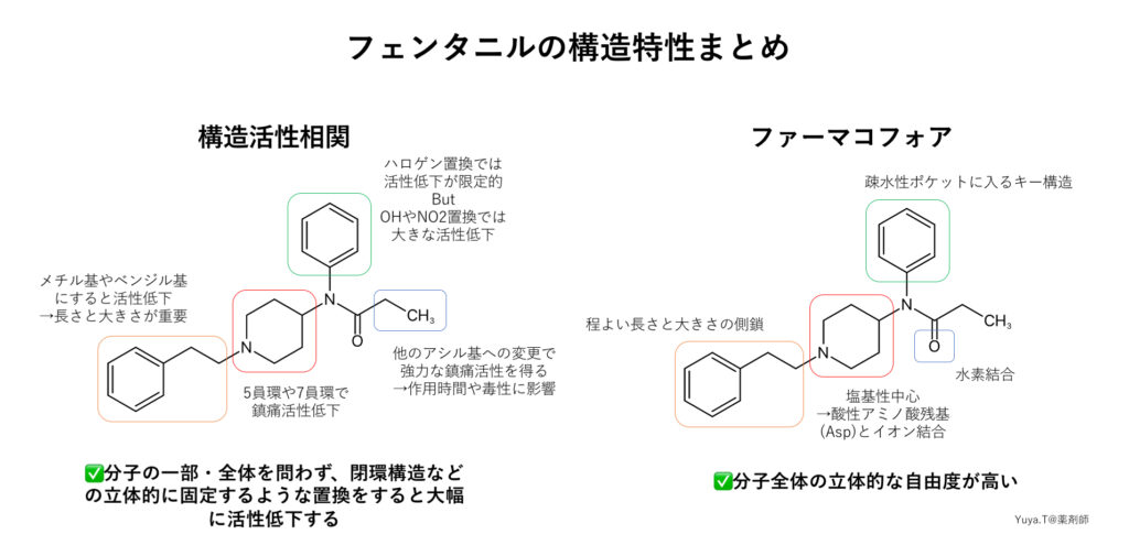 フェンタニルの化学構造式と構造的特徴をまとめた図
